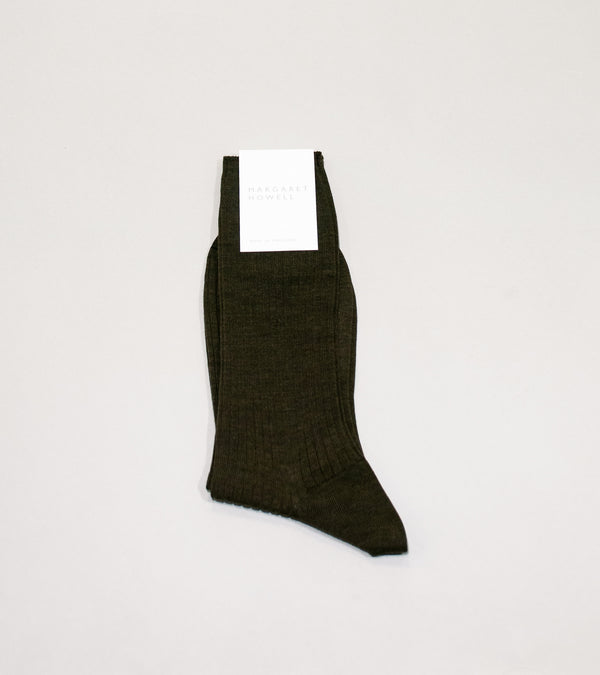 Margaret Howell 'Full Rib Sock' (Dark Olive Fine Merino)