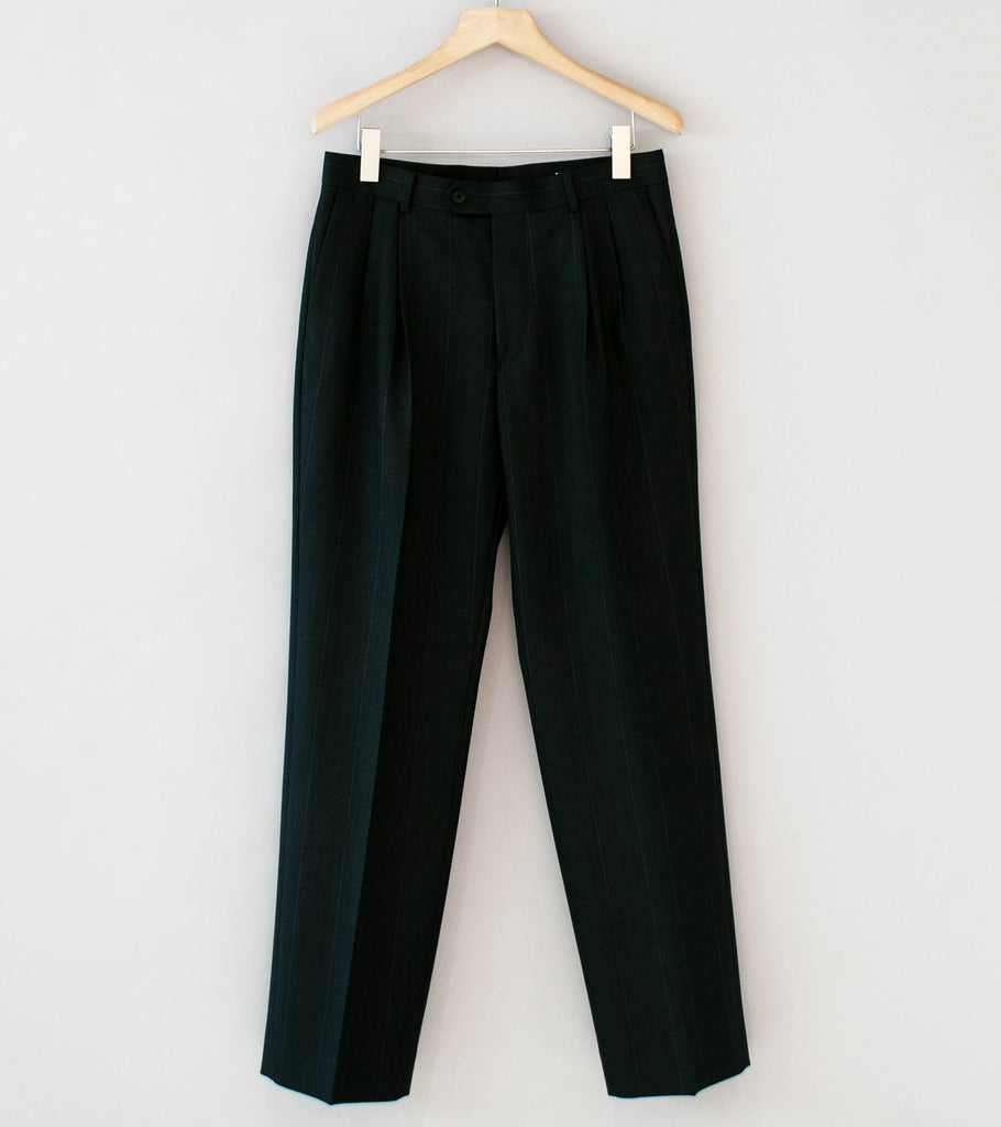 Auralee 'Bluefaced Wool Two Tuck Slacks' (Charcoal Navy Stripe