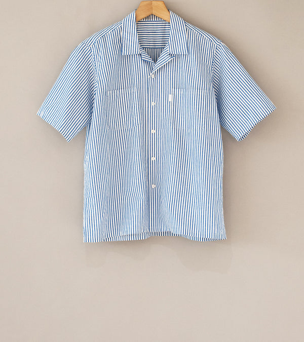 S H Shirts 'Short Sleeve Open Collar Shirt' (Blue Wide Stripes)