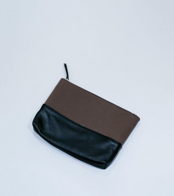 Velardi 'Canvas & Leather Zip Pouch' (Brown Cotton & Leather)