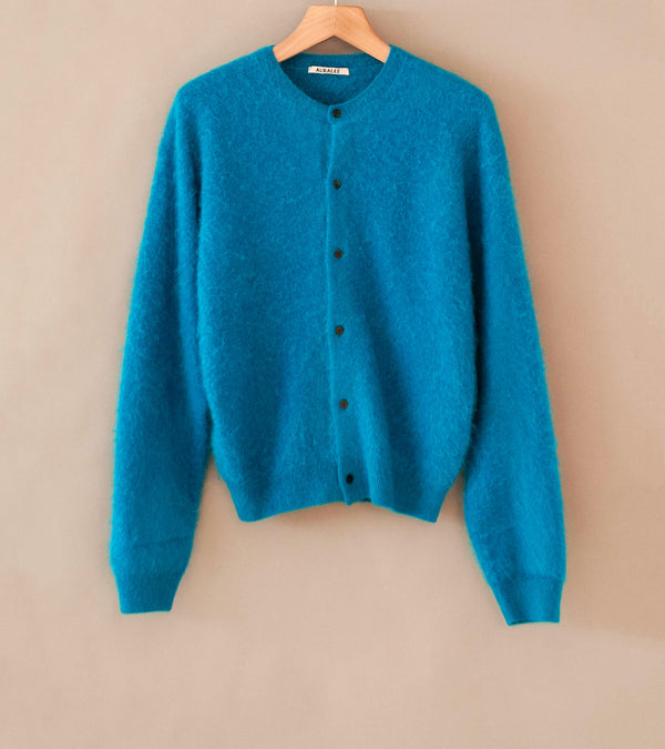 Auralee 'Garment Dyed Baby Alpaca Fur Knit Cardigan' (Blue)