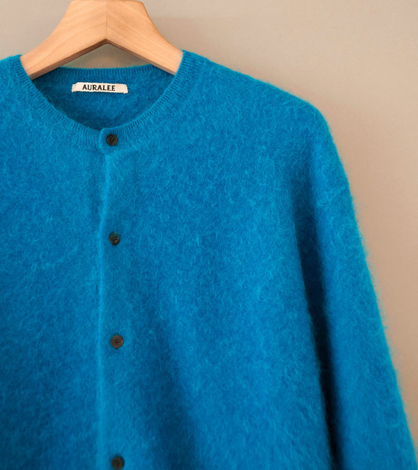 Auralee 'Garment Dyed Baby Alpaca Fur Knit Cardigan' (Blue)