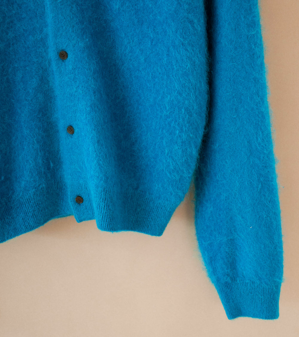 Auralee 'Garment Dyed Baby Alpaca Fur Knit Cardigan' (Blue)