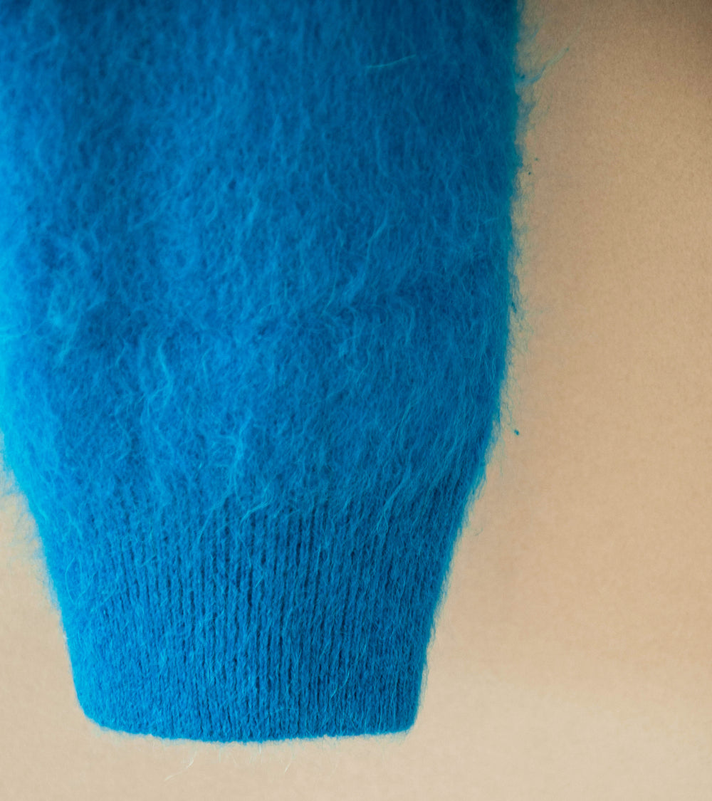 Auralee 'Garment Dyed Baby Alpaca Fur Knit Cardigan' (Blue)