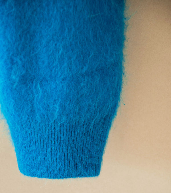 Auralee 'Garment Dyed Baby Alpaca Fur Knit Cardigan' (Blue)
