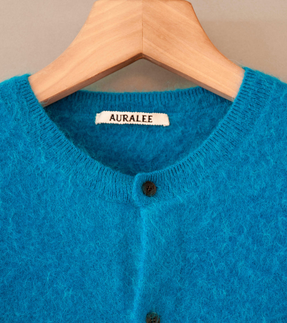 Auralee 'Garment Dyed Baby Alpaca Fur Knit Cardigan' (Blue)