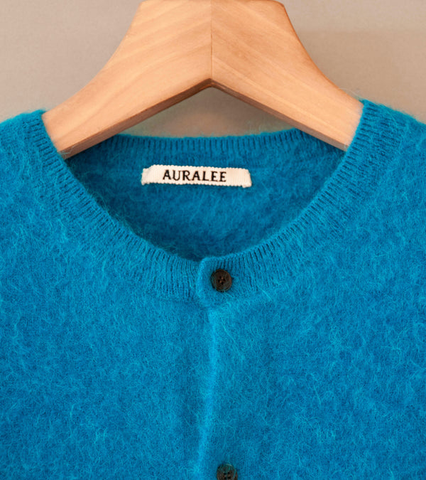 Auralee 'Garment Dyed Baby Alpaca Fur Knit Cardigan' (Blue)