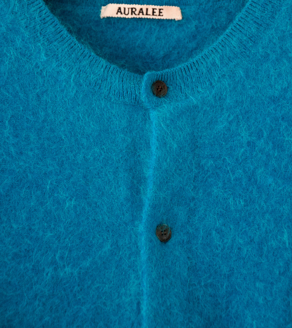 Auralee 'Garment Dyed Baby Alpaca Fur Knit Cardigan' (Blue)
