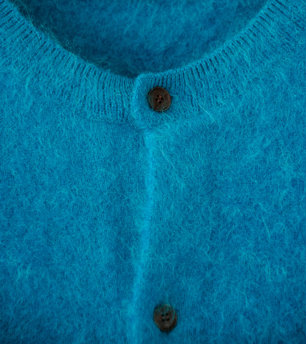 Auralee 'Garment Dyed Baby Alpaca Fur Knit Cardigan' (Blue)