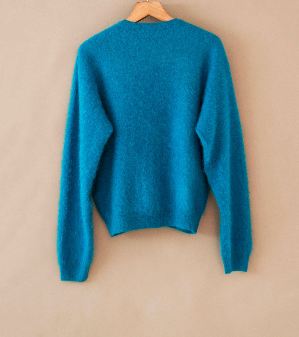 Auralee 'Garment Dyed Baby Alpaca Fur Knit Cardigan' (Blue)