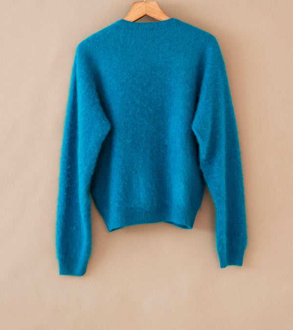 Auralee 'Garment Dyed Baby Alpaca Fur Knit Cardigan' (Blue)