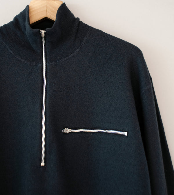 YLÈVE 'Ultrafine Merino Milled Wool Knit Half Zip P/O' (Smoky Navy)