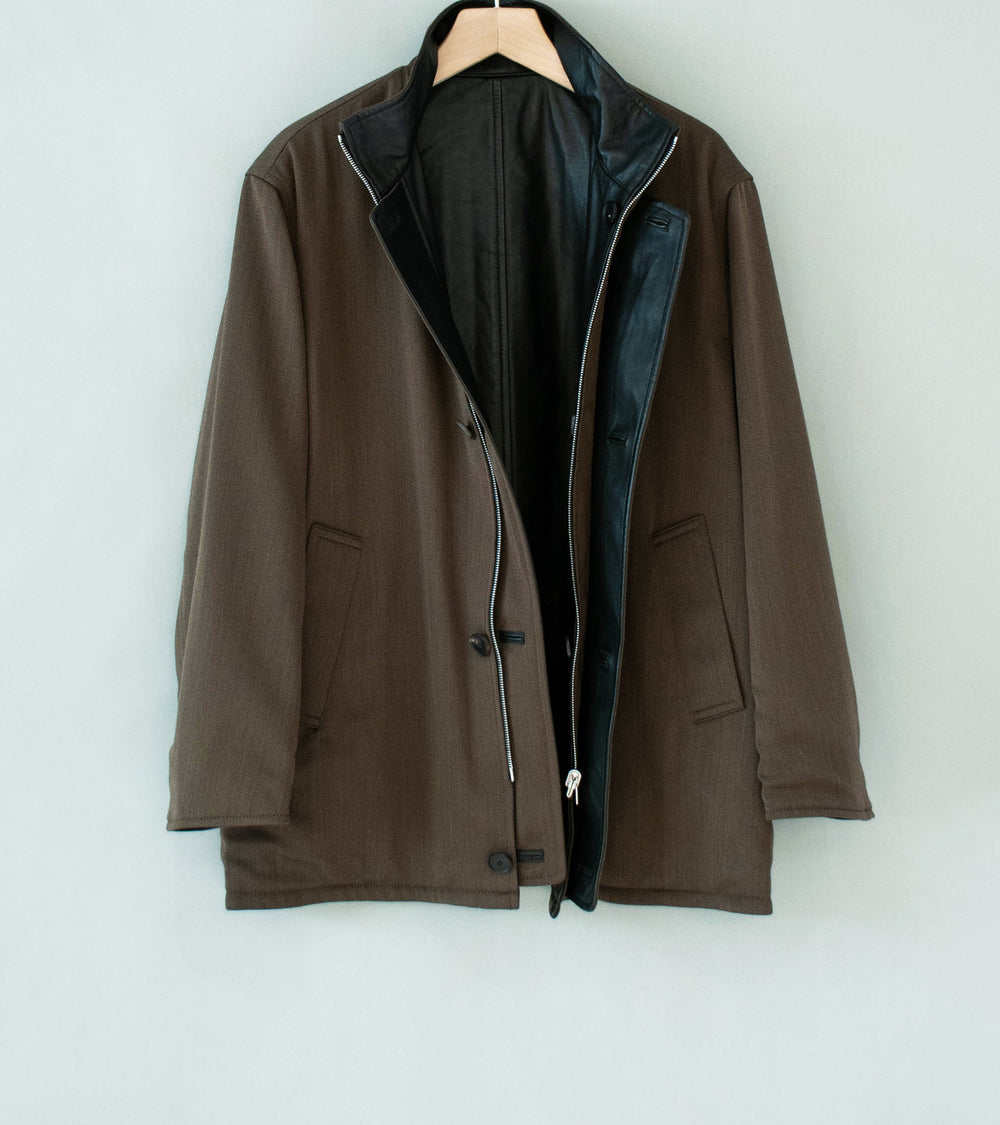 Auralee 'Reversible Wool Twisted Twill Sheep Leather Half Coat' (Brown Chambray / Black) (Copy)