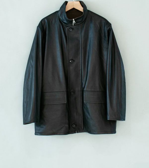 Auralee 'Reversible Wool Twisted Twill Sheep Leather Half Coat' (Brown Chambray / Black) (Copy)