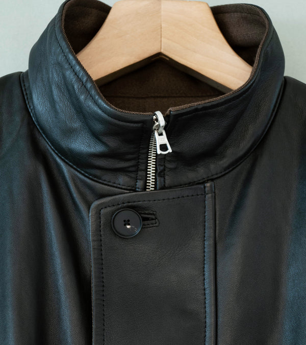 Auralee 'Reversible Wool Twisted Twill Sheep Leather Half Coat' (Brown Chambray / Black) (Copy)