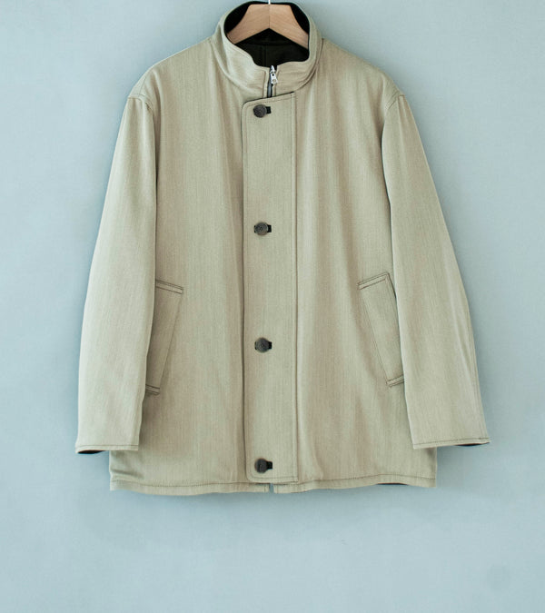 Auralee 'Reversible Wool Twisted Twill Sheep Leather Half Coat' (Khaki Beige Chambray / Black)