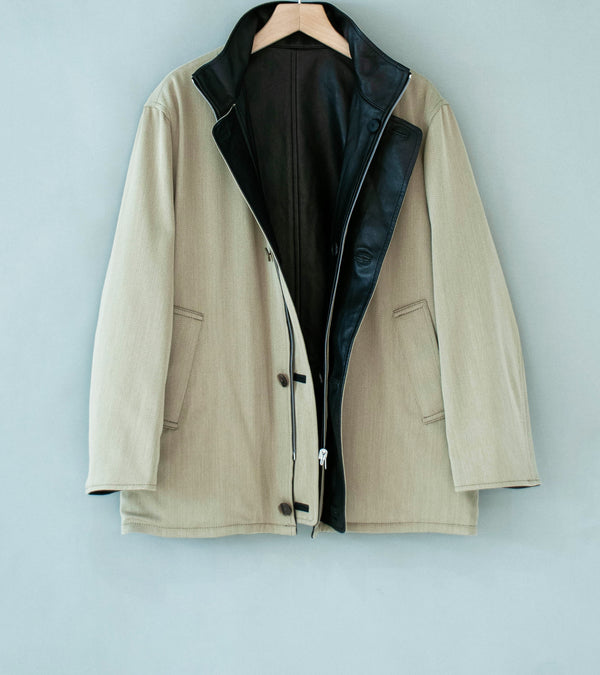 Auralee 'Reversible Wool Twisted Twill Sheep Leather Half Coat' (Khaki Beige Chambray / Black)