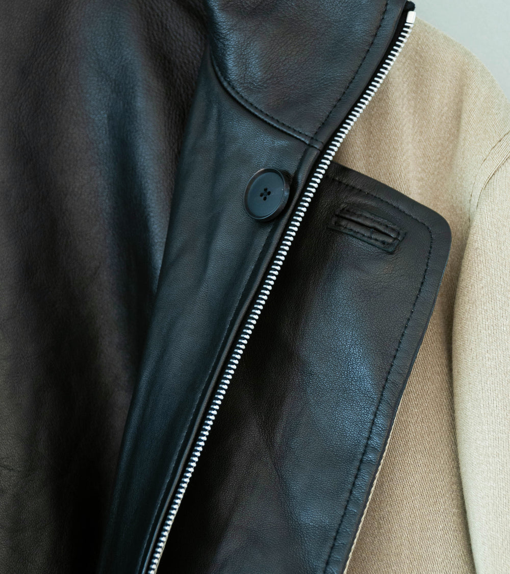 Auralee 'Reversible Wool Twisted Twill Sheep Leather Half Coat' (Khaki Beige Chambray / Black)