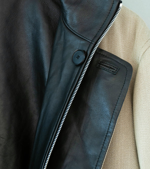 Auralee 'Reversible Wool Twisted Twill Sheep Leather Half Coat' (Khaki Beige Chambray / Black)