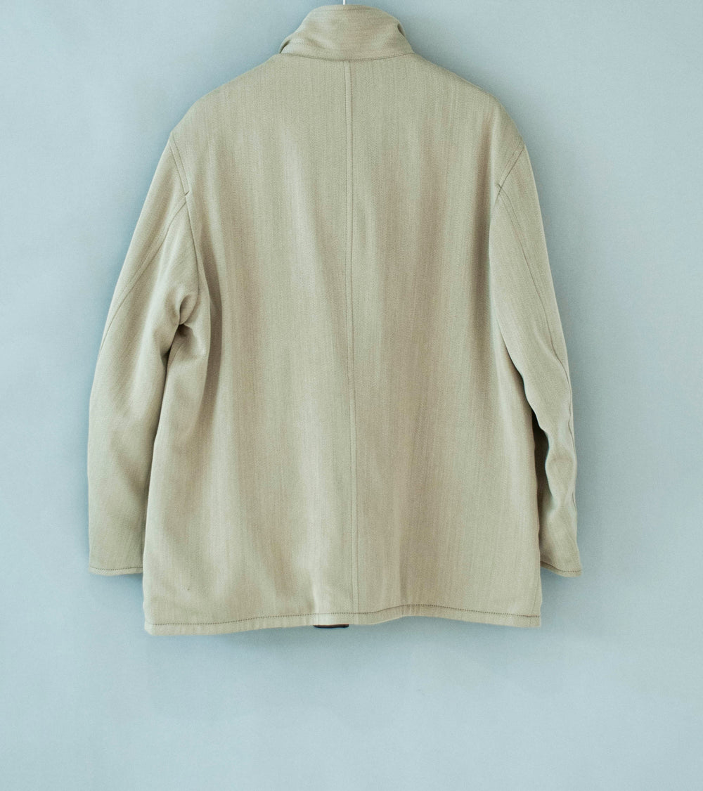 Auralee 'Reversible Wool Twisted Twill Sheep Leather Half Coat' (Khaki Beige Chambray / Black)