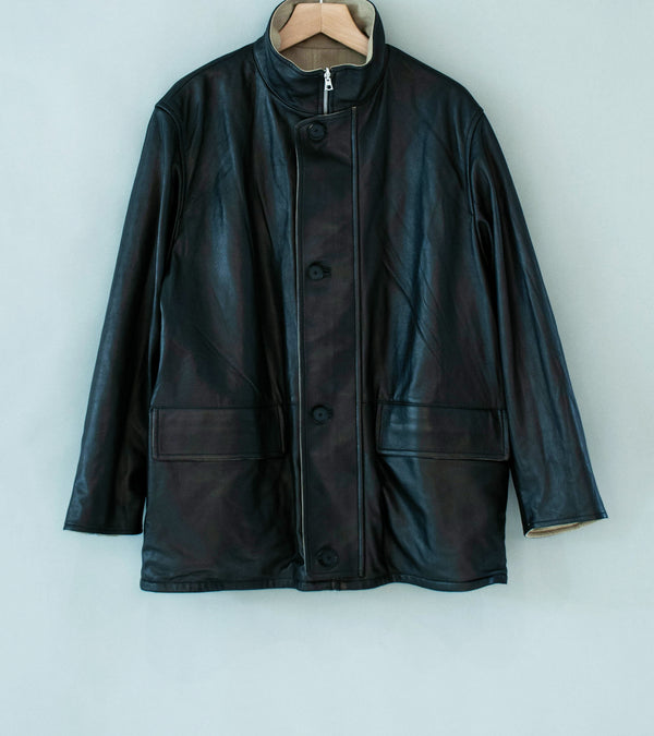 Auralee 'Reversible Wool Twisted Twill Sheep Leather Half Coat' (Khaki Beige Chambray / Black)