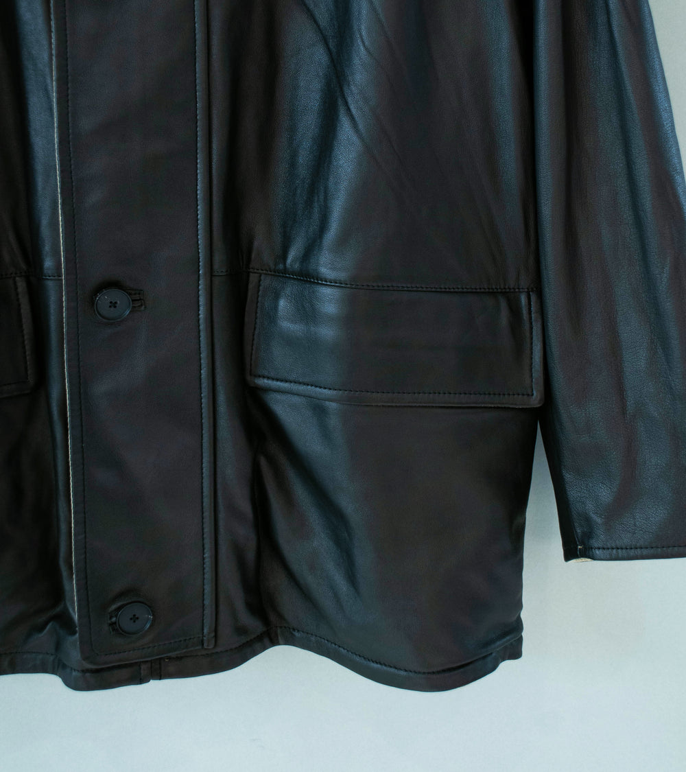 Auralee 'Reversible Wool Twisted Twill Sheep Leather Half Coat' (Khaki Beige Chambray / Black)