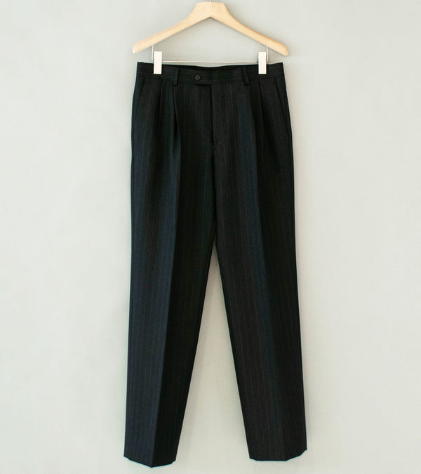 Auralee 'Bluefaced Wool Two Tuck Slacks' (Charcoal Navy Stripe)