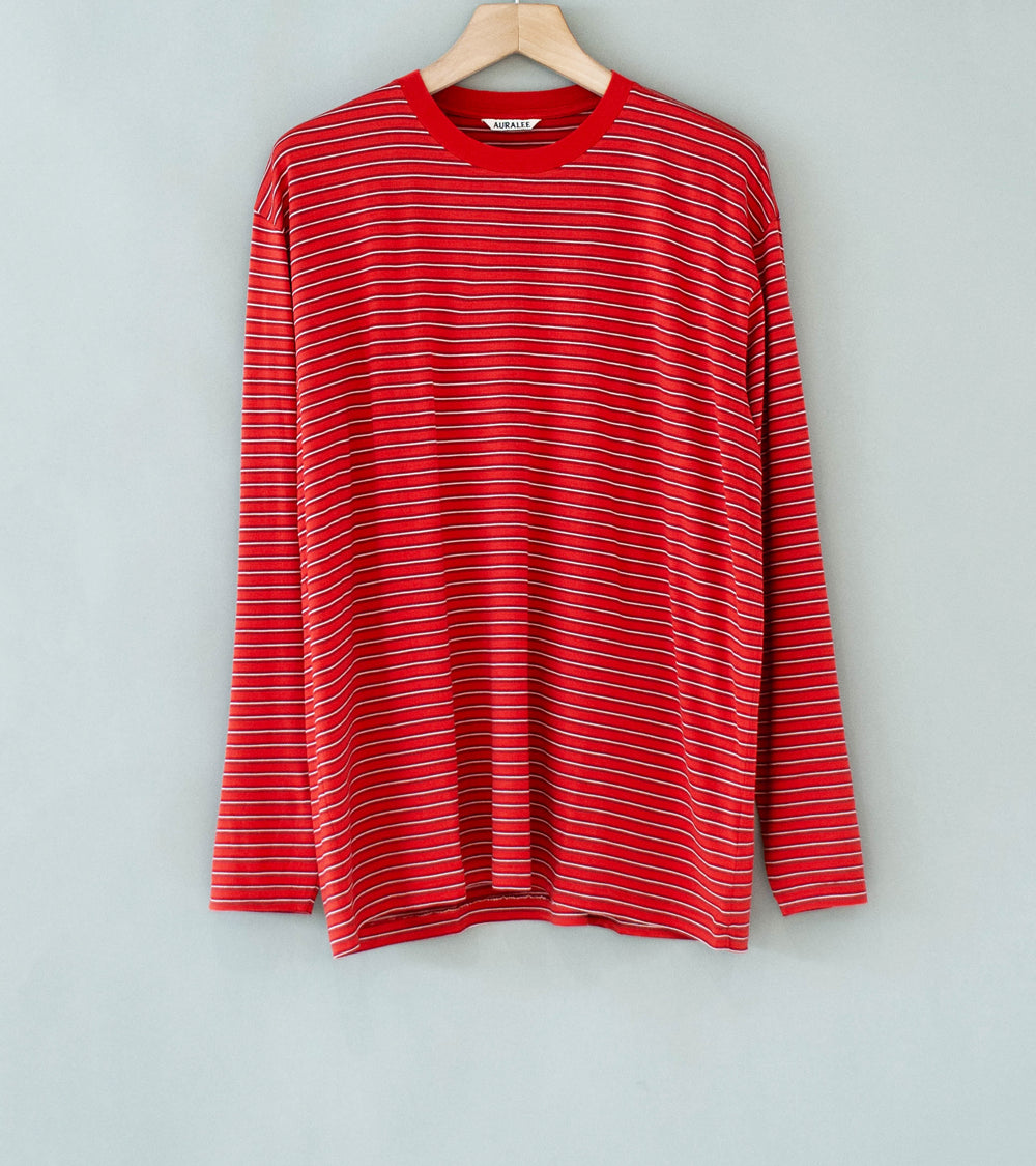 Auralee 'Soft Smooth Wool Stripe Jersey L/S Tee' (Red Stripe)
