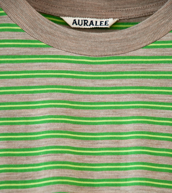 Auralee 'Soft Smooth Wool Stripe Jersey L/S Tee' (Green Stripe)