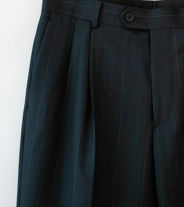 Auralee 'Bluefaced Wool Two Tuck Slacks' (Charcoal Navy Stripe)