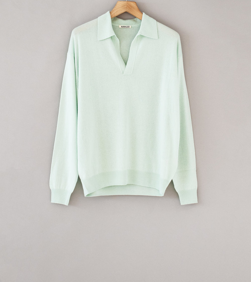 Auralee 'Super Fine Cashmere Silk Knit Skipper Polo' (White Green)