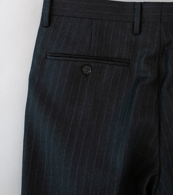 Auralee 'Bluefaced Wool Narrow Slacks' (Charcoal Navy Stripe)
