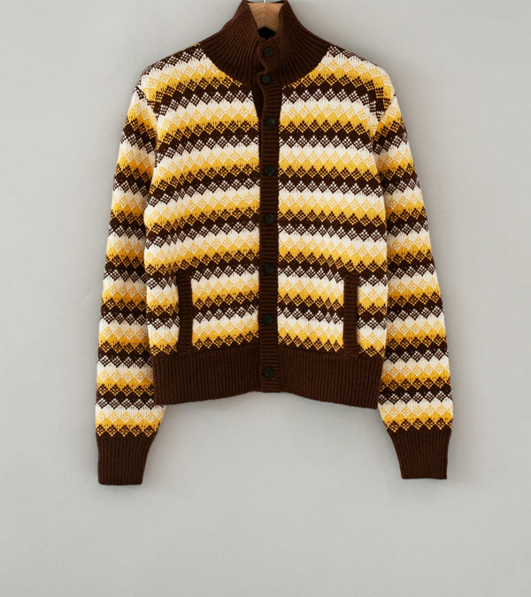 Auralee 'Cashmere Jacquard Knit High Neck Cardigan' (Burgundy Yellow)