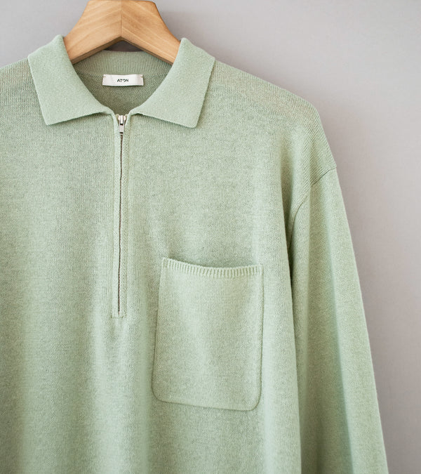 【未使用】【ATON】WOOL HAIF ZIPPED POLO SWEATER Aton 'Zip Up Polo Sweater' (Green Brushed Linen Wool) – C'H'C'M'