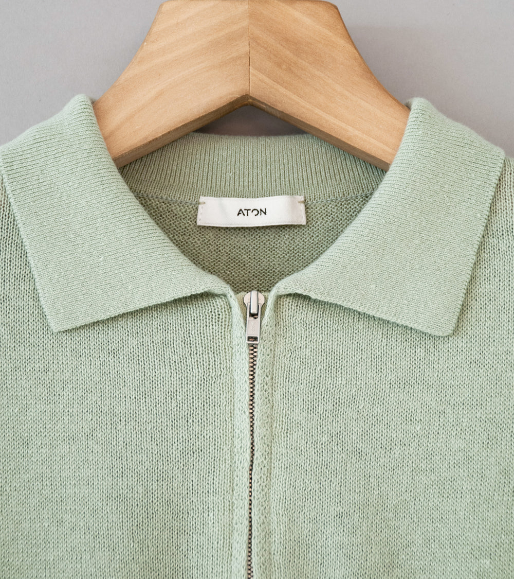 Aton 'Zip Up Polo Sweater' (Green Brushed Linen Wool)