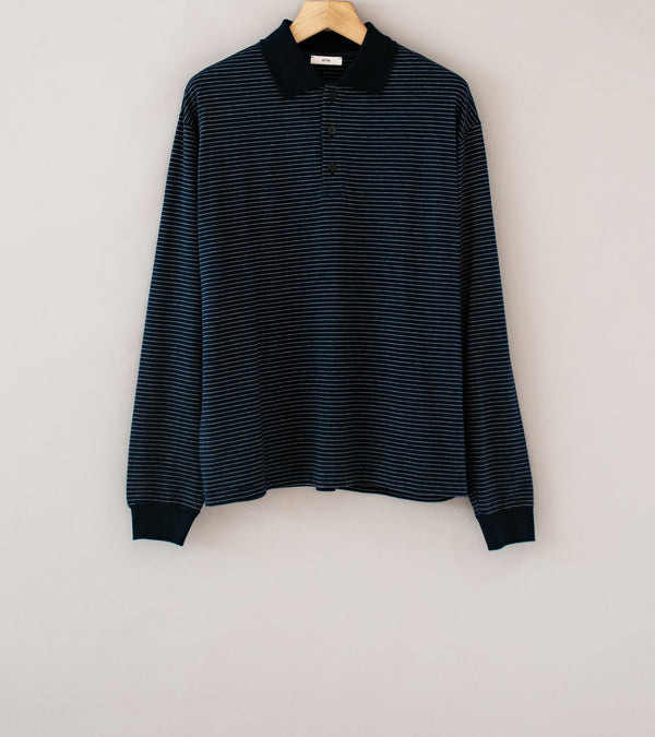 Aton 'Long Sleeve Polo Shirt' (Navy Border Suvin Double Jersey)