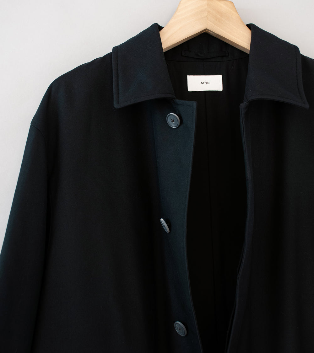 Aton 'Silk Padded Balmacaan Coat' (Black Nidom Silk)