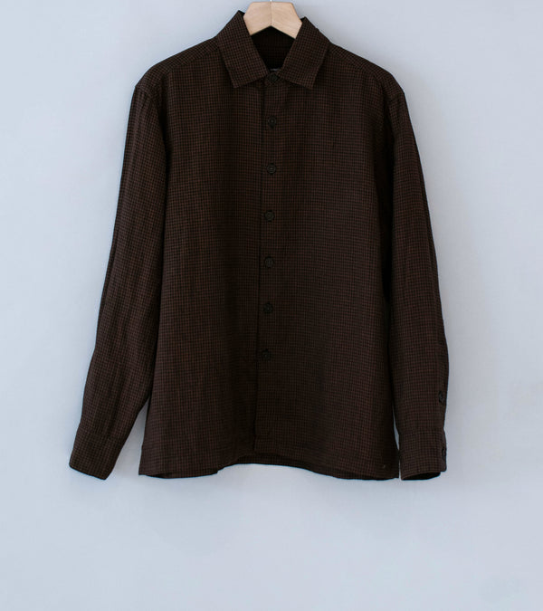 Evan Kinori 'Flat Hem Shirt' (Brown Black Logwood Overdyed Linen Check)