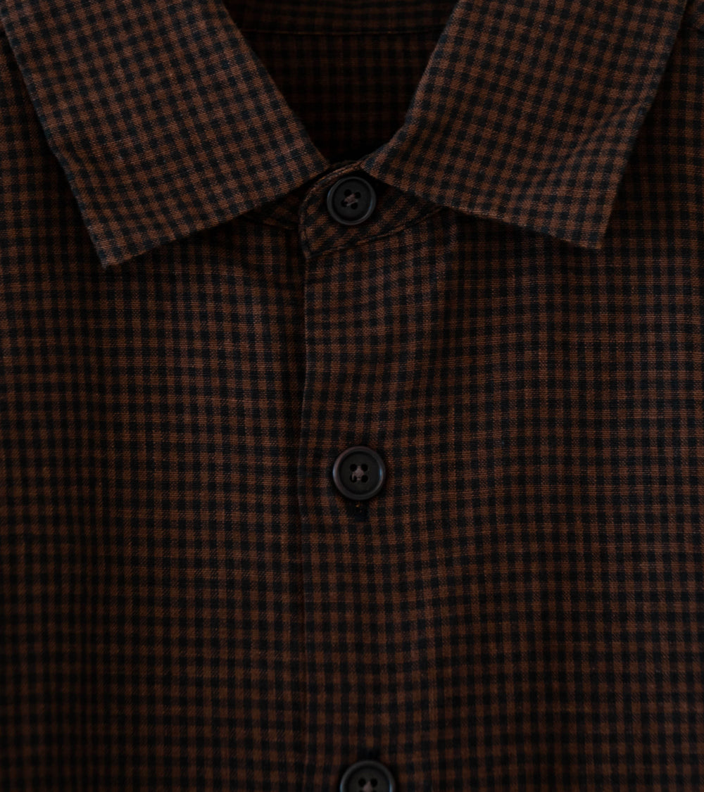Evan Kinori 'Flat Hem Shirt' (Brown Black Logwood Overdyed Linen Check)