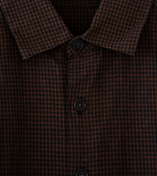 Evan Kinori 'Flat Hem Shirt' (Brown Black Logwood Overdyed Linen Check)
