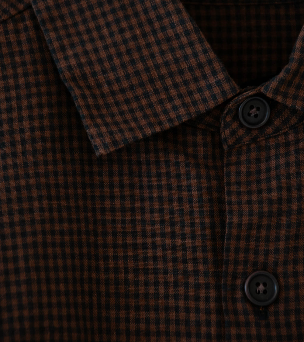 Evan Kinori 'Flat Hem Shirt' (Brown Black Logwood Overdyed Linen Check)