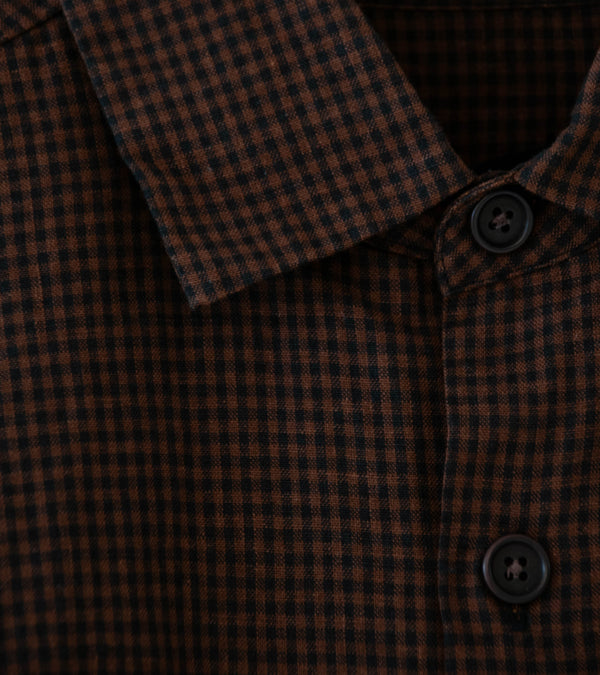Evan Kinori 'Flat Hem Shirt' (Brown Black Logwood Overdyed Linen Check)