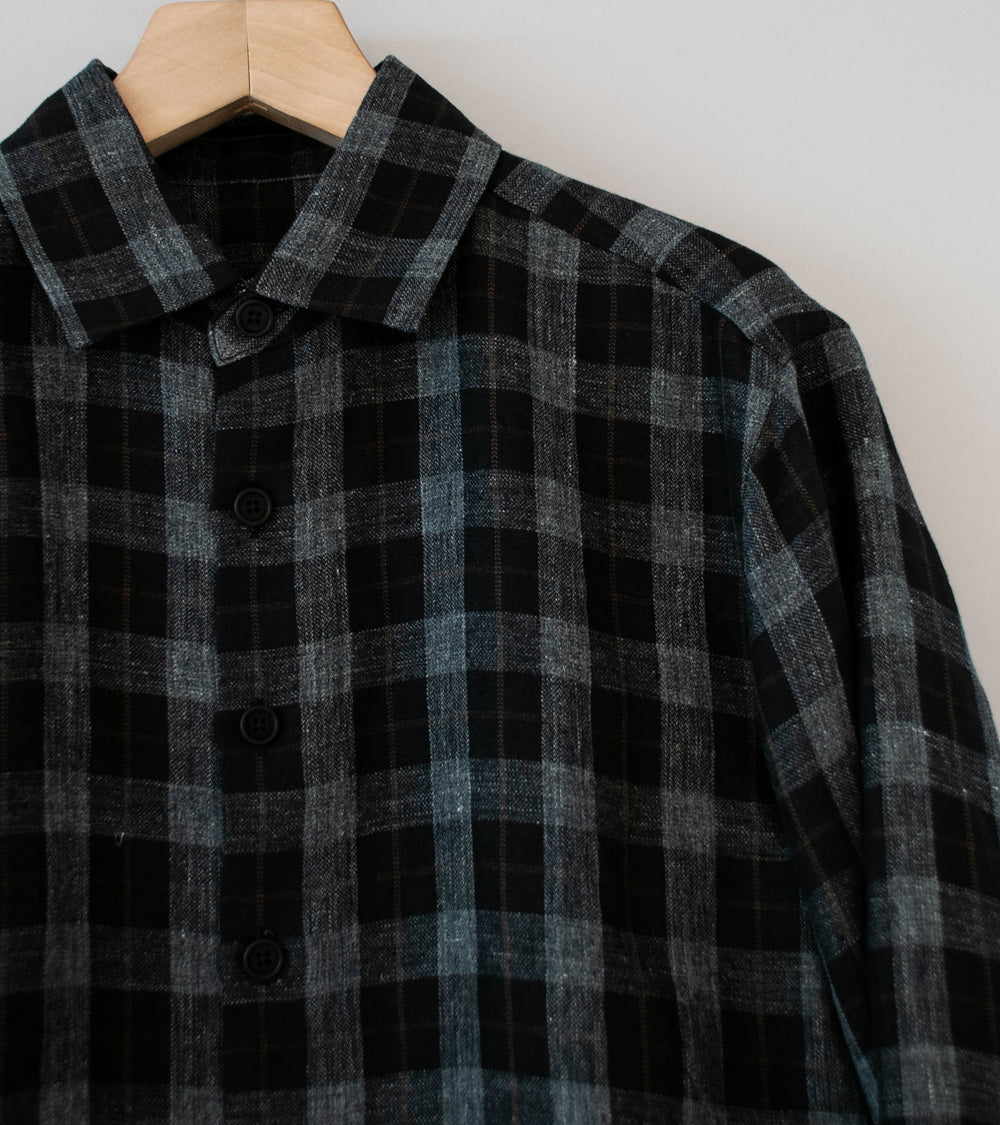 Evan Kinori 'Flat Hem Shirt' (Charcoal Brown Black Yarn Dye Linen Check)