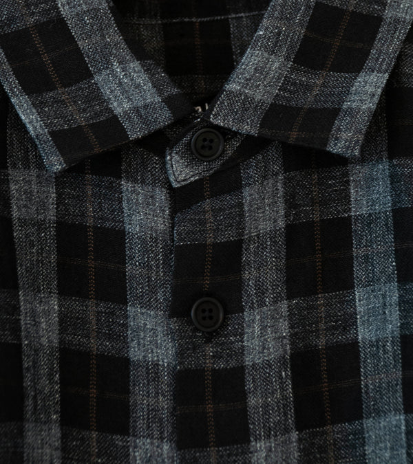 Evan Kinori 'Flat Hem Shirt' (Charcoal Brown Black Yarn Dye Linen Check)