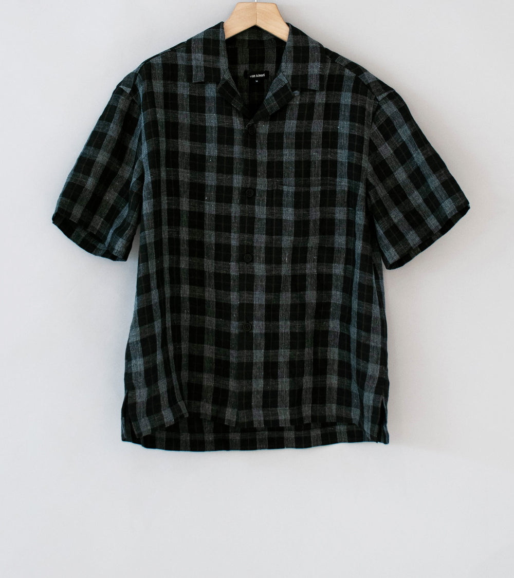 Evan Kinori 'Short Sleeve Shirt' (Charcoal Brown Black Yarn Dye Linen Check)