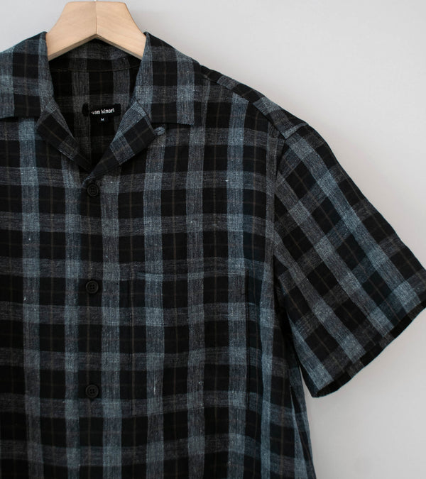 Evan Kinori 'Short Sleeve Shirt' (Charcoal Brown Black Yarn Dye Linen Check)