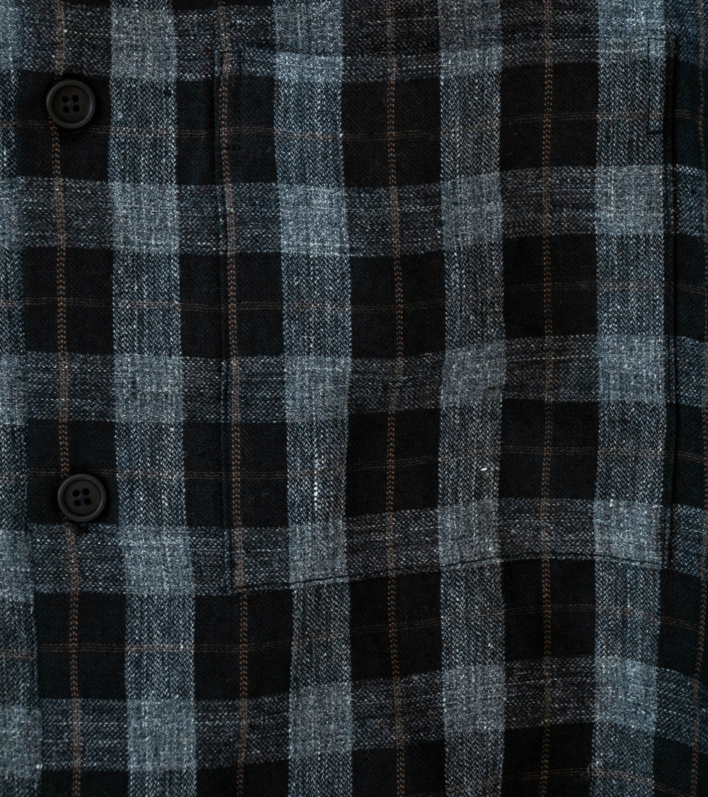 Evan Kinori 'Short Sleeve Shirt' (Charcoal Brown Black Yarn Dye Linen Check)