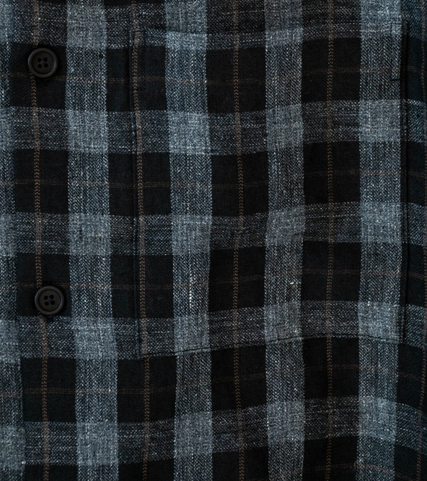Evan Kinori 'Short Sleeve Shirt' (Charcoal Brown Black Yarn Dye Linen Check)