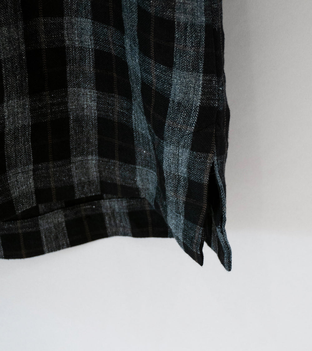 Evan Kinori 'Short Sleeve Shirt' (Charcoal Brown Black Yarn Dye Linen Check)