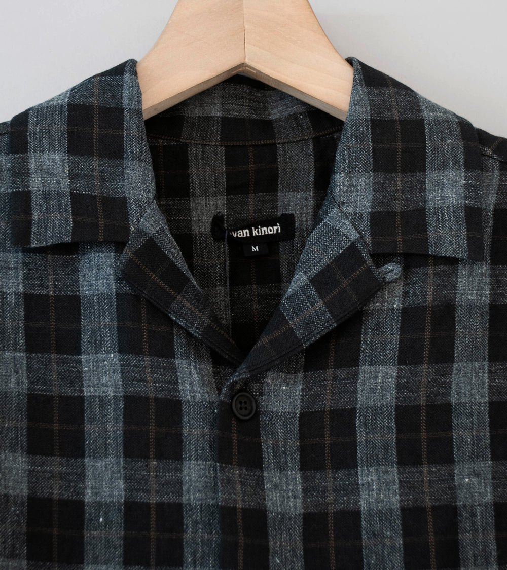Evan Kinori 'Short Sleeve Shirt' (Charcoal Brown Black Yarn Dye Linen Check)
